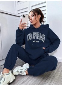 Resim West Coast Eşofman Takım Sweatshirt Jogger - Lacivert Baskılı Oversize Şardonlu Kapüşonlu Lacivert-29462 
