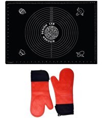 Resim Kitchen Design Lab 45x65 CM Silikon Hamur Açma Matı Ve Kırmızı Silikon Yanmaz Mutfak Fırın Eldiveni 2 Li Set 