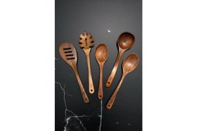 Resim UltraMint El Yapımı Koyu Ceviz 5 Parça Ahşap Mutfak Seti 