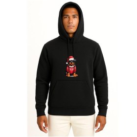 Resim Kapüşonlu Yılbaşı Yeni Yıl Köpek Göğüs Baskılı Unisex Sweatshirt Siyah 