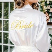 Resim Elegant Long-Sleeve Bridesmaid Robe ile "Bride" Nakışlı - Asimetrik Boyun, Polyester, Düğünler ve Resmi Etkinlikler için Mükemmel, Özel Olarak Uzun Pijama Elbisesi, Düğün Misafiri Kıyafeti | Özel Elbise | Polyester Rob 