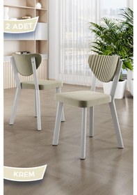 Resim Canisa Arfe Serisi 2 Adet Krem Mutfak Sandalyesi Beyaz Metal İskeletli 1. Sınıf Babyface Kumaş Krem Sandalye Ayaklar Beyaz 