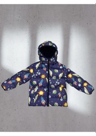 Resim Erkek Çocuk Polarlı Kapüşonlu Ufo Desenli Kışlık Şişme Mont & Kaban & Parka-82 Çok Renkli 
