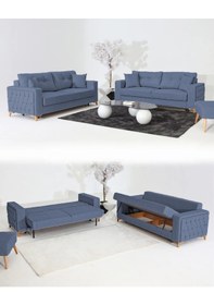 Resim Nola Koltuk Takımı 3+3 & Bazalı Yataklı Koltuk & Kanepe - Keten Mavi 