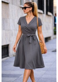 Resim Efnaz Style Kadın Kısa Kollu Yakalı Beli Kuşaklı Kısa Janjan Krep Kısa Elbise Gri 