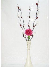 Resim 60 Cm Desenli Krem Vazo 5 Adet Beyaz Üzüm Çiçek Mor Ortanca 