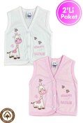 Resim Miniel Kız Bebek Zürafa Nakışlı Organik Pamuklu 3-6-9 Ay 2li Penye Bebek Yelek - Pembe 