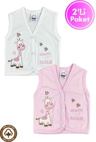 Resim Miniel Kız Bebek Zürafa Nakışlı Organik Pamuklu 3-6-9 Ay 2li Penye Bebek Yelek - Pembe 