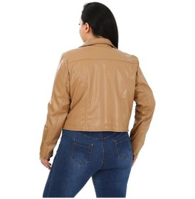 Resim Disentis Büyük Beden Kruvaze Fermuar Detaylı Cepli Astarlı Kısa Deri Mont Bej 