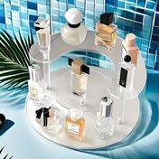 Resim 1 adet lüks akrilik parfüm saklama rafı, yarım daire 3 katlı kozmetik raf, çok amaçlı masaüstü ruj ve parfüm sergileme rafı 