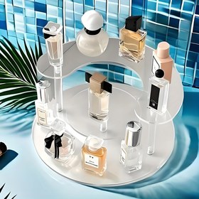 Resim 1 adet lüks akrilik parfüm saklama rafı, yarım daire 3 katlı kozmetik raf, çok amaçlı masaüstü ruj ve parfüm sergileme rafı 