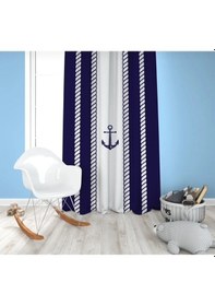 Resim Denizci Beyaz Halat Şerit Çapa Çocuk Odası Tek Kanat Fon Perde 