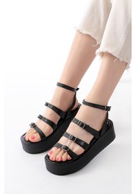 Resim 861-1222 Siyah Tokalı Bilekten Bağlamalı Dolgu Kadın Sandalet Bej 