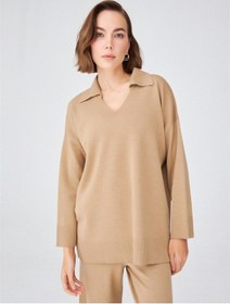 Resim Peraluna Polo V Yaka Bol Kesim Kadın Triko Kazak Camel Melanj Camel 