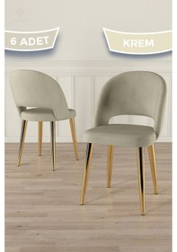 Resim Canisa Pane Serisi 6 Adet Krem Mutfak Sandalyesi Gold Kaplama Metal Ayak 1. Sınıf Babyface Kumaş Krem Sandalye Gold Ayak 