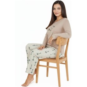 Resim Bravie Üstü Yazılı Altı Çizgili Elite Viscose Uzun Büyük Beden Pijama Takımı Pudra 3597 Gri 