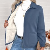 Resim Kadınlar için Polar Astarlı Rahat Fermuarlı Ceket - Sıcak Kışlık Mont, Yaka Detaylı Düz Renk Normal Kalıp Uzun Kollu, Sonbahar ve Kış Dış Giyim İçin Şık Yaka Detaylı 