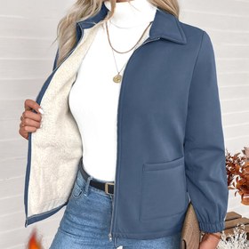 Resim Kadınlar için Polar Astarlı Rahat Fermuarlı Ceket - Sıcak Kışlık Mont, Yaka Detaylı Düz Renk Normal Kalıp Uzun Kollu, Sonbahar ve Kış Dış Giyim İçin Şık Yaka Detaylı 