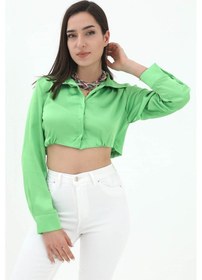 Resim Beli Lastikli Saten Gömlek - Yeşil-yeşil Yeşil 