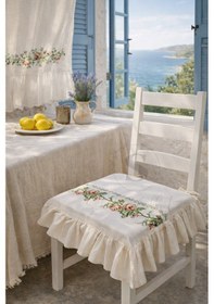 Resim Romantik Ege Turuncu Gül Kanaviçe Nakışlı Fırfırlı Sandalye Minderi Çok Renkli 