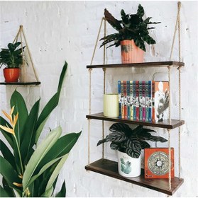 Resim Ulu Kayın Çam Ağacından Halatlı 3’lü Otantik Duvar Rafı Kitaplık Çiçeklik Shelf Rope 
