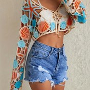 Resim Kadın Bohemiyen Crochet Crop Üst, Yıldız Balığı ve Deniz Kabuğu Tasarımı - V Yaka, Esnek Olmayan Kumaş, Boş Detay, Moda Plaj Giyimleri ile Çekmece Detayı, Plaj Giydirme | Crochet Crop Üst | Esnek Olmayan Kumaş 