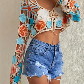 Resim Kadın Bohemiyen Crochet Crop Üst, Yıldız Balığı ve Deniz Kabuğu Tasarımı - V Yaka, Esnek Olmayan Kumaş, Boş Detay, Moda Plaj Giyimleri ile Çekmece Detayı, Plaj Giydirme | Crochet Crop Üst | Esnek Olmayan Kumaş 