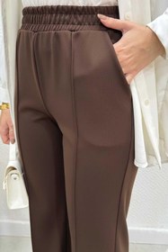 Resim Tesettür Diyarı Scuba Kumaş Beli Lastikli Pare Tesettür Pantolon- Kahverengi 