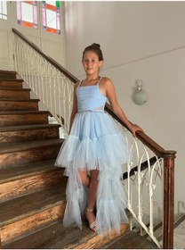 Resim Butikhappykids Kız Çocuk Askılı Mavi Zincir Detaylı Kat Etekli Kuyruklu Abiye Elbise 10-15 Yaş Mavi 