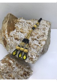 Resim Yaldız Siyah Kombin Sarı Kristal Taşlı Üçlü Gümüş Püskül 