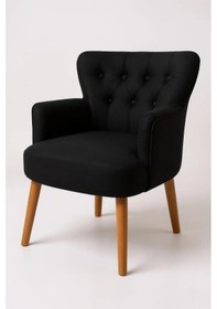 Resim Waterybrook Tekli Berjer Koltuk - Kapitoneli Babyface Kumaş - Ceviz Ahşap Ayaklı - Retro Modern Tasarım Siyah 