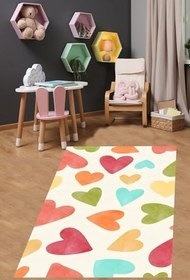 Resim Pelangi Renkli Kalpler Desenli Kız Çocuk Yıkanabilir Kaymaz Taban Leke Tutmaz Çocuk Odası Halısık 