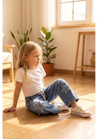 Resim Babymod Yıldız Detaylı Beli Lastik Belli Bol Paca Denim Kız Çocuk Pantolon Mavi 
