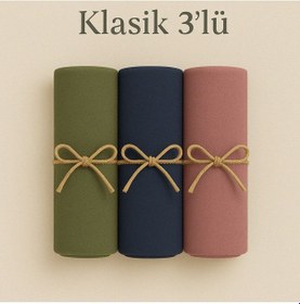 Resim Mim Eşarp Penye Pamuksu Şal Klasik 3 Lü Set Haki - Lacivert - Gül Kurusu 