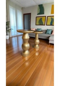 Resim Altın Varak Renk Ahşap Mantar Sehpa Seti 2 Li Dekoratif Yan Sehpa Takımı - Wooden Coffee Table Altın 