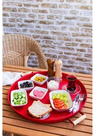 Resim Kitchen Trend Metal 45 Cm Kırmızı Ahşap Kulplu Yuvarlak Tepsi, Ka 