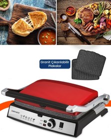 Resim GoldMaster Gralux Kırmızı Paslanmaz Çelik 2000 Watt Granit Çıkarılabilir Plakalı Tost Ve Izgara Makinesi 