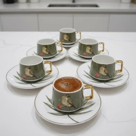 Resim Green Birdy Kuş Figürlü 6 Kişilik Porselen Fincan Takımı Yeşil 