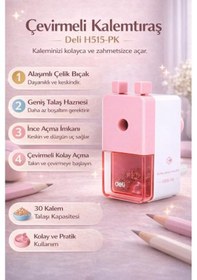 Resim Deli H515-pk Çevirmeli Kalemtıraş Geniş Hazneli, Dayanıklı Çelik Bıçaklı Masaüstü Kalemtraş Pembe 