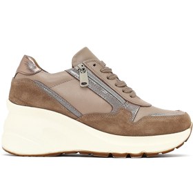 Resim Derimod Kadın Vizon Bağcıklı Fermuar Detaylı Dolgu Topuklu Hakiki Deri Sneaker, Kışlık Spor Ayakkabı 25AFD37 