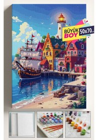 Resim Sayılarla Boyama Seti Numaralı Tuval Fırça Boya Dahil Kasnaklı Set 50x70 Cm - Liman Manzara 