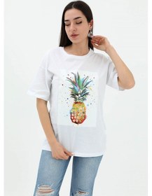 Resim Bisiklet Yaka Ananas Baskılı Süprem T-shirt - Beyaz-beyaz Beyaz 