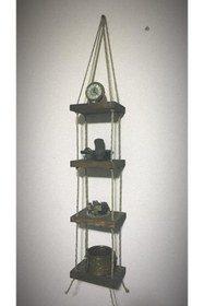Resim Sevim Design Retro Ahşap 4' Gözlü Halatlı Duvar Rafı &çiçeklik 