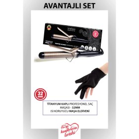 Resim Ventoso EPS319 Titanyum Kaplı Profesyonel Saç Maşası 32MM Isıya Dayanıklı Eldivenli 