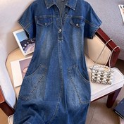 Resim Yaka ve Düğmeli Kadın Esnek Denim Midi Elbise - A Kesim Kısa Kollu Günlük Yazlık Elbise, Nefes Alabilen Viskon Karışımı, Makinede Yıkanabilir 