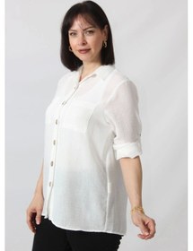 Resim Bb-077 Beyaz Pamuk Keten Kolu Apoletli İki Cepli Kadın Büyük Beden Gömlek Beyaz 