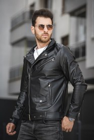 Resim Castries Yandan Fermuarlı Kemerli Slim Fit Erkek Deri Ceket - SIYAH / M 
