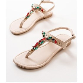 Resim 152-1110 Bej Multi Taşlı Parmak Arası Kadın Sandalet 