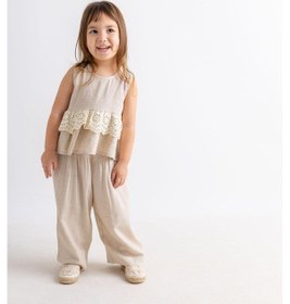 Resim Oliventhekid Beli Tamtur Dantelli Kolsuz Keten Kız Çocuk Bluz Bej Bej 