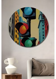 Resim Kentsel Işıklar Çizgi Roman Tarzı Ahşap Tablo Yuvarlak Duvar Tablosu--- 50 X 50 